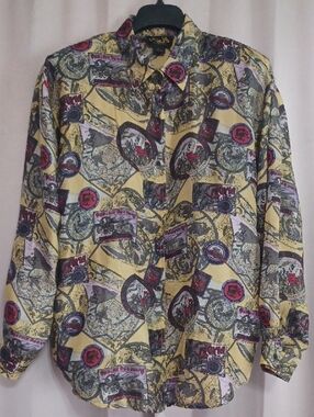 Miss Vie 100% Silk Vintage Long Sleeve Button Front Shirt Allover Postcard Style